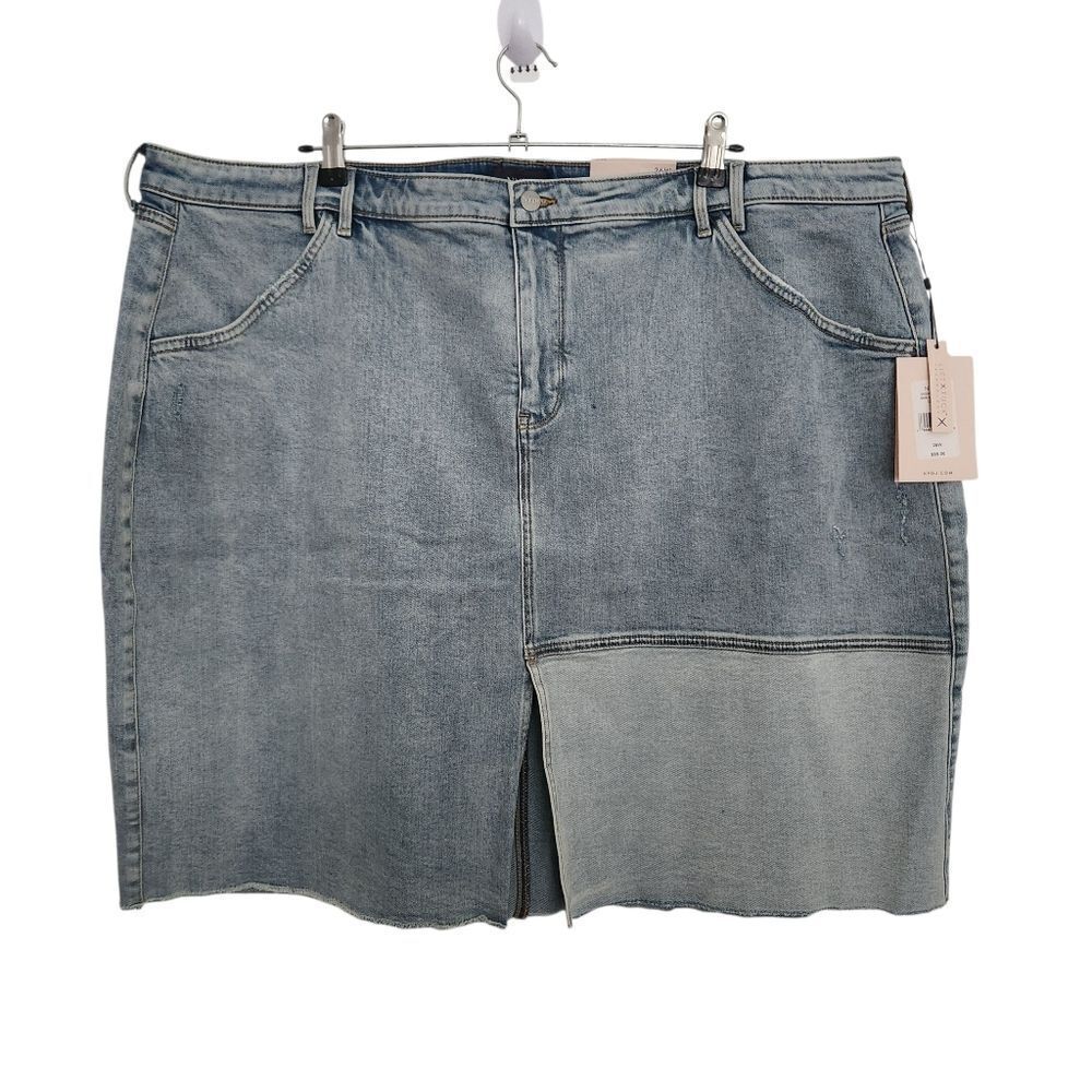 NYDJ Womens Denim Patchwork Midi Skirt Front Slit Lightly Distressed Size 26W